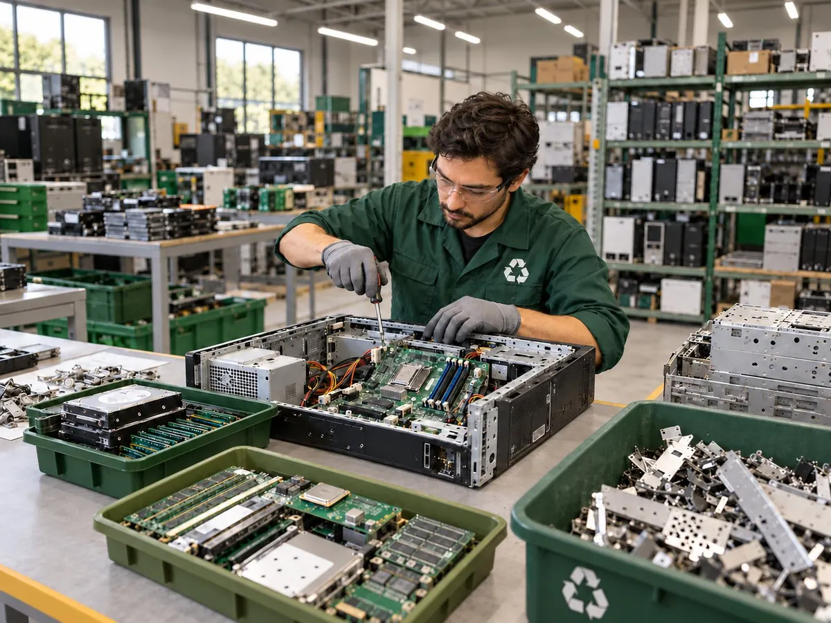 Técnico desarmando equipos para reciclar